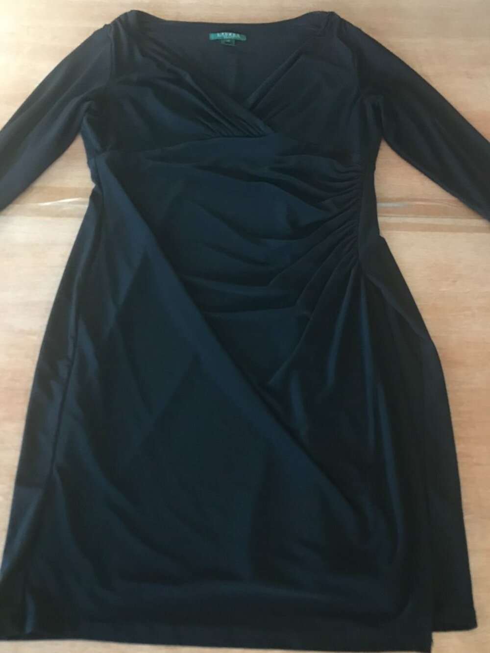 Lauren Ralph Lauren Jersey Surplice Dress Women 14P Black Ruched V Neck Midi